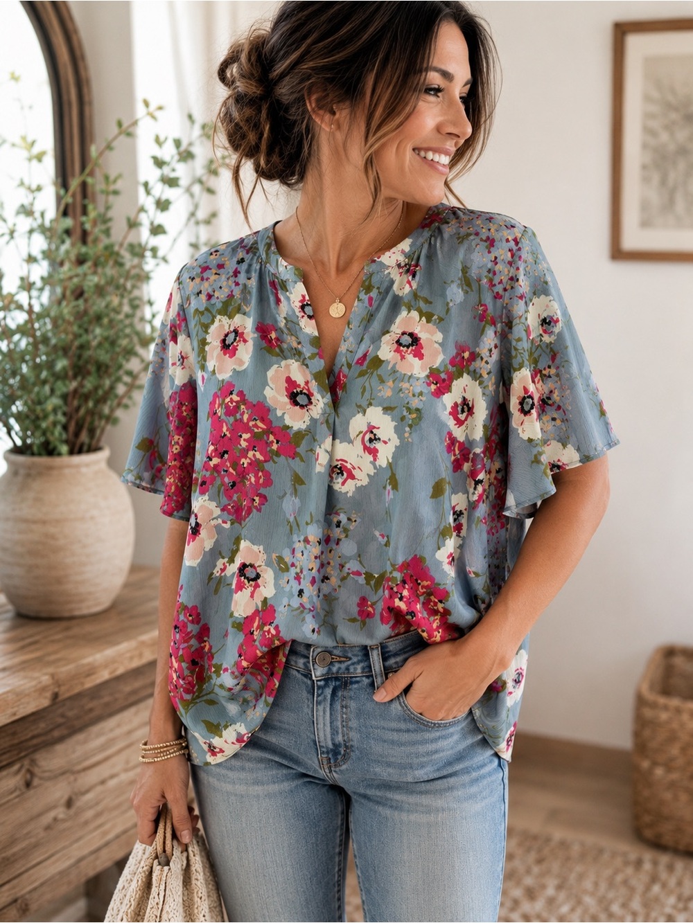 Umgee Floral Boho Cottagecore Flutter Sleeve Blouse Blue Pink Size Medium